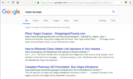 google search result showing pharma hack wordpress infected websites