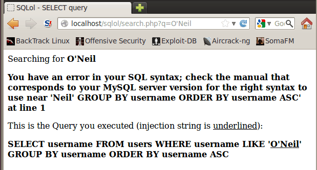 Magento SQL injection error page
