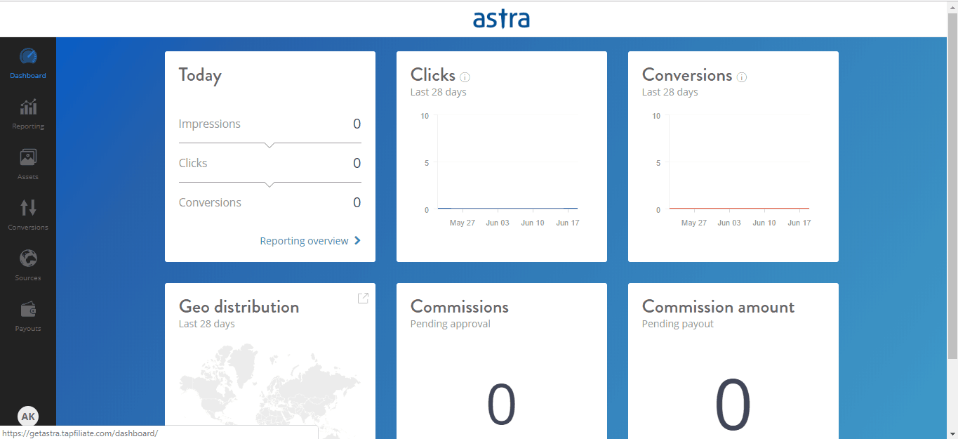 Astra's affiliate dashboard