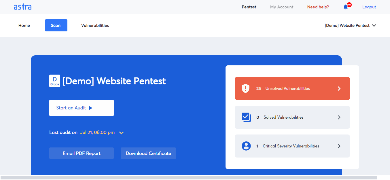 Astra's pentest dashboard