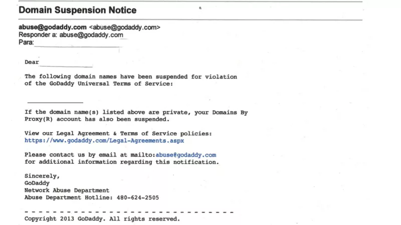 Godaddy Domain Suspension Notice