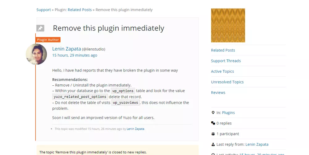 the Yuzo Plugin Exploit complaints on WordPress forum