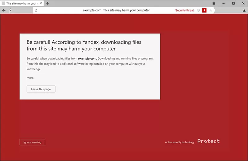A warning is shown by Yandex for a blacklisted website