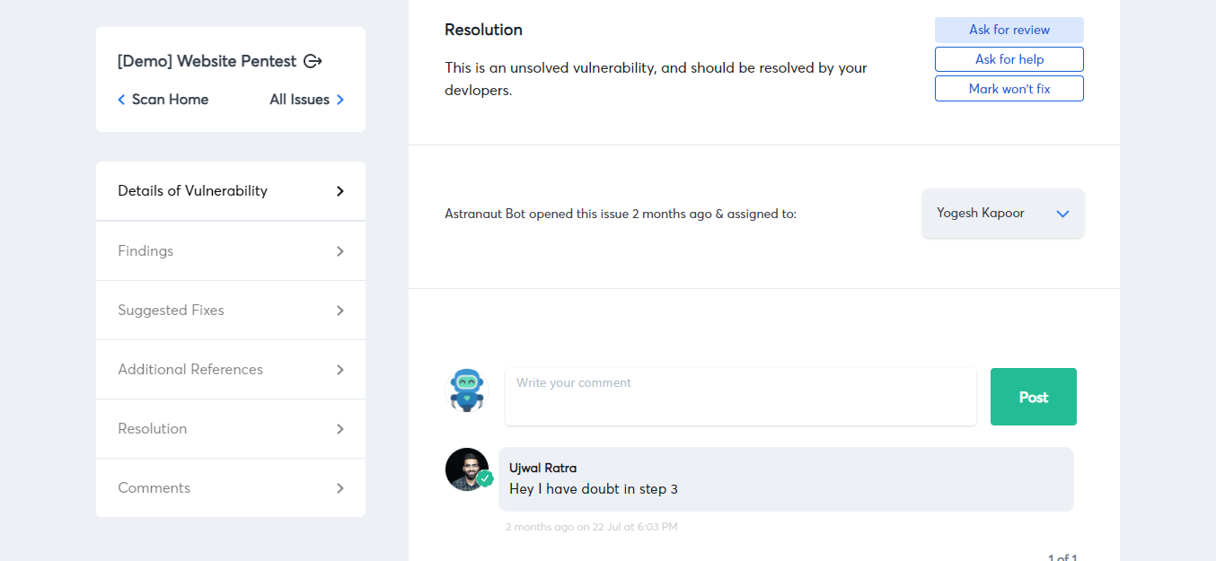 Remediation collaboration & fixing assistance provided by Astra security researchers