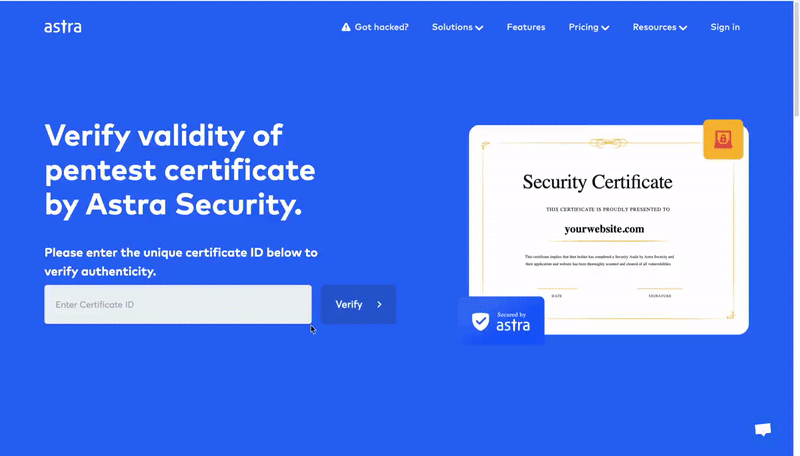 Astra Pentest Certificate Verification