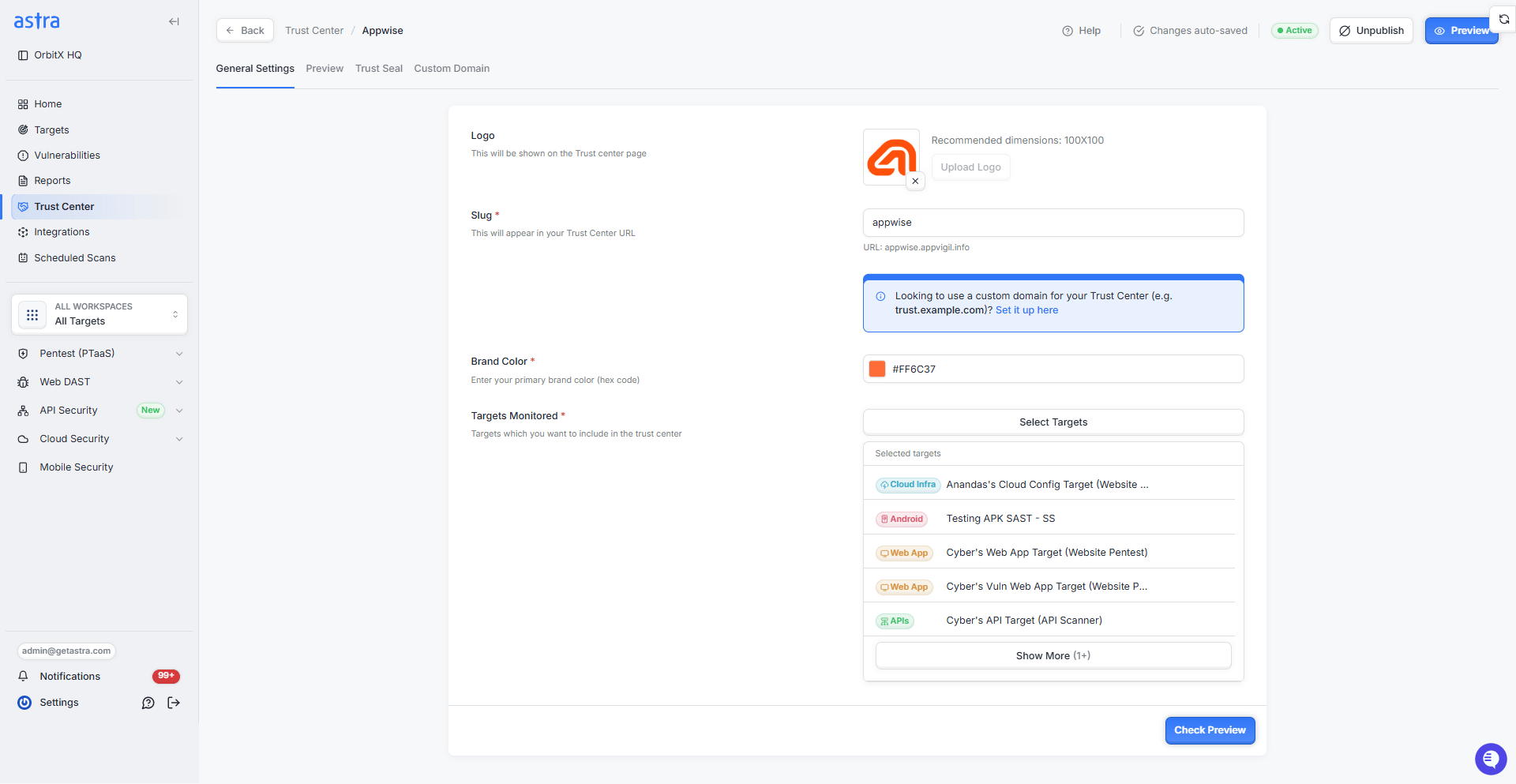Astra Trust Center Platform - general settings