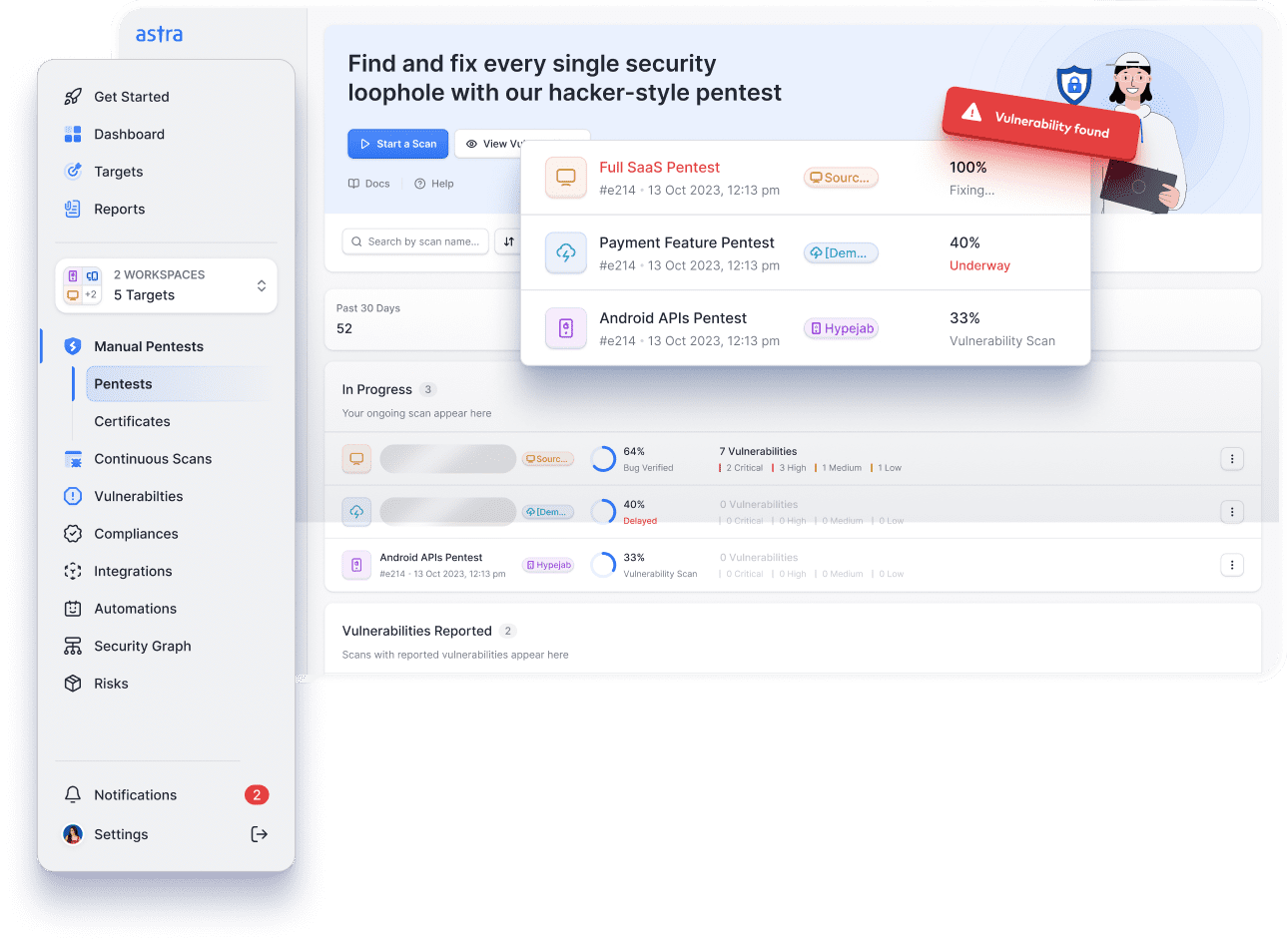 Astra's Web app pentesting platform in action