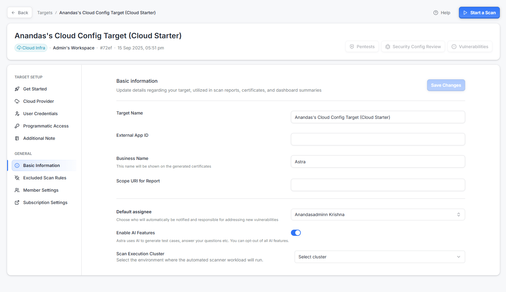 Astra Cloud Vulnerability Scanner -  setup