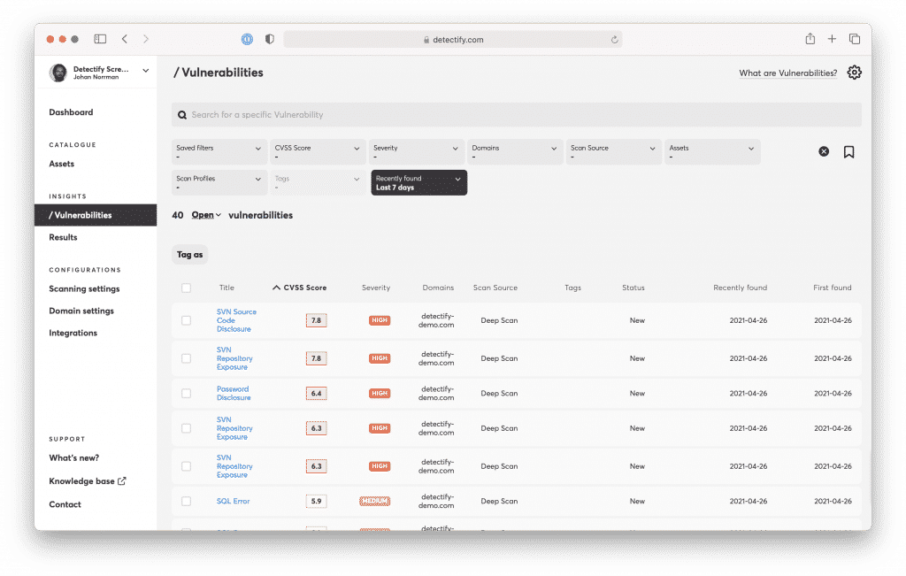 Detectify's DAST tools dashboard