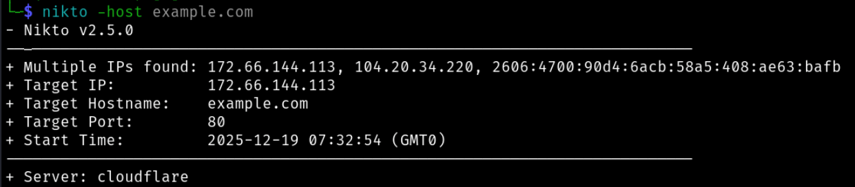 Web scanning with Nikto to surface low-effort, high-noise issues early.