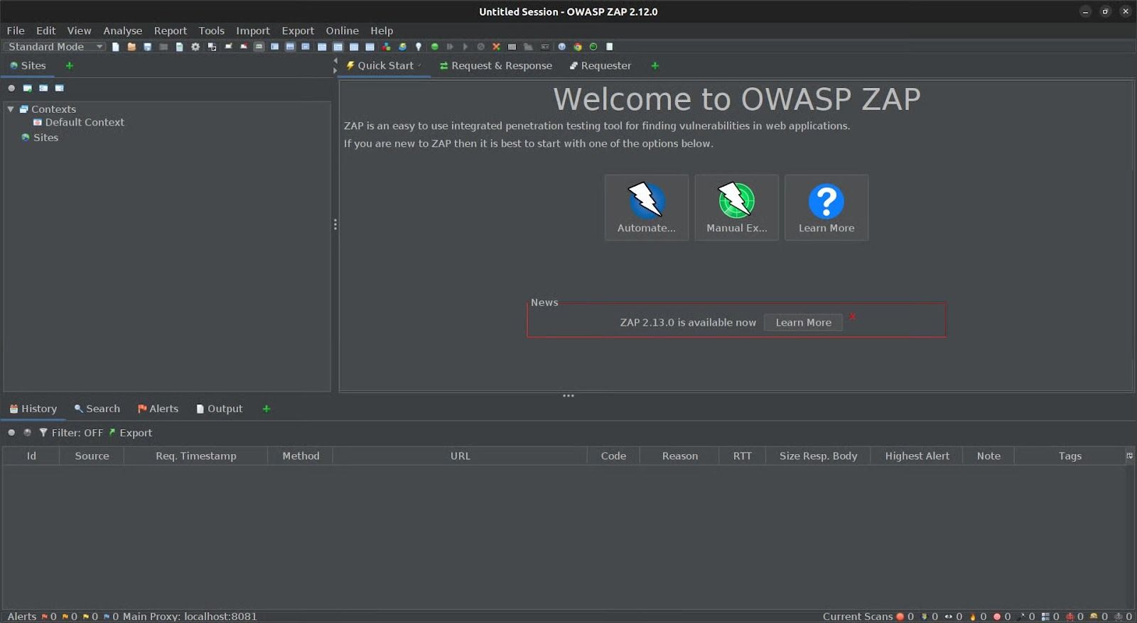 OWASP ZAP dashboard for web application penetration testing methodology 