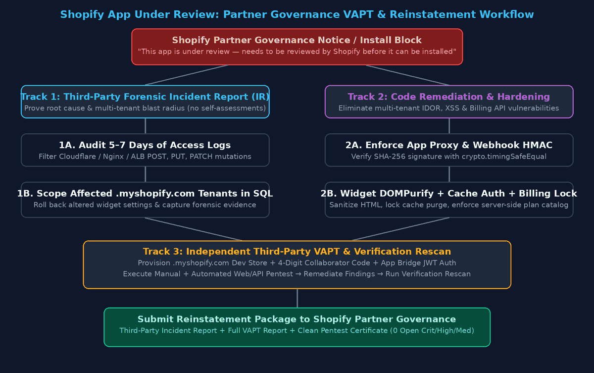 Shopify app under review: Shopify Partner Governance VAPT and Incident Report reinstatement workflow