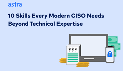 Illustration for 10 Skills Every Modern CISO Needs Beyond Technical Expertise, featuring cybersecurity, financial management and digital security icons.